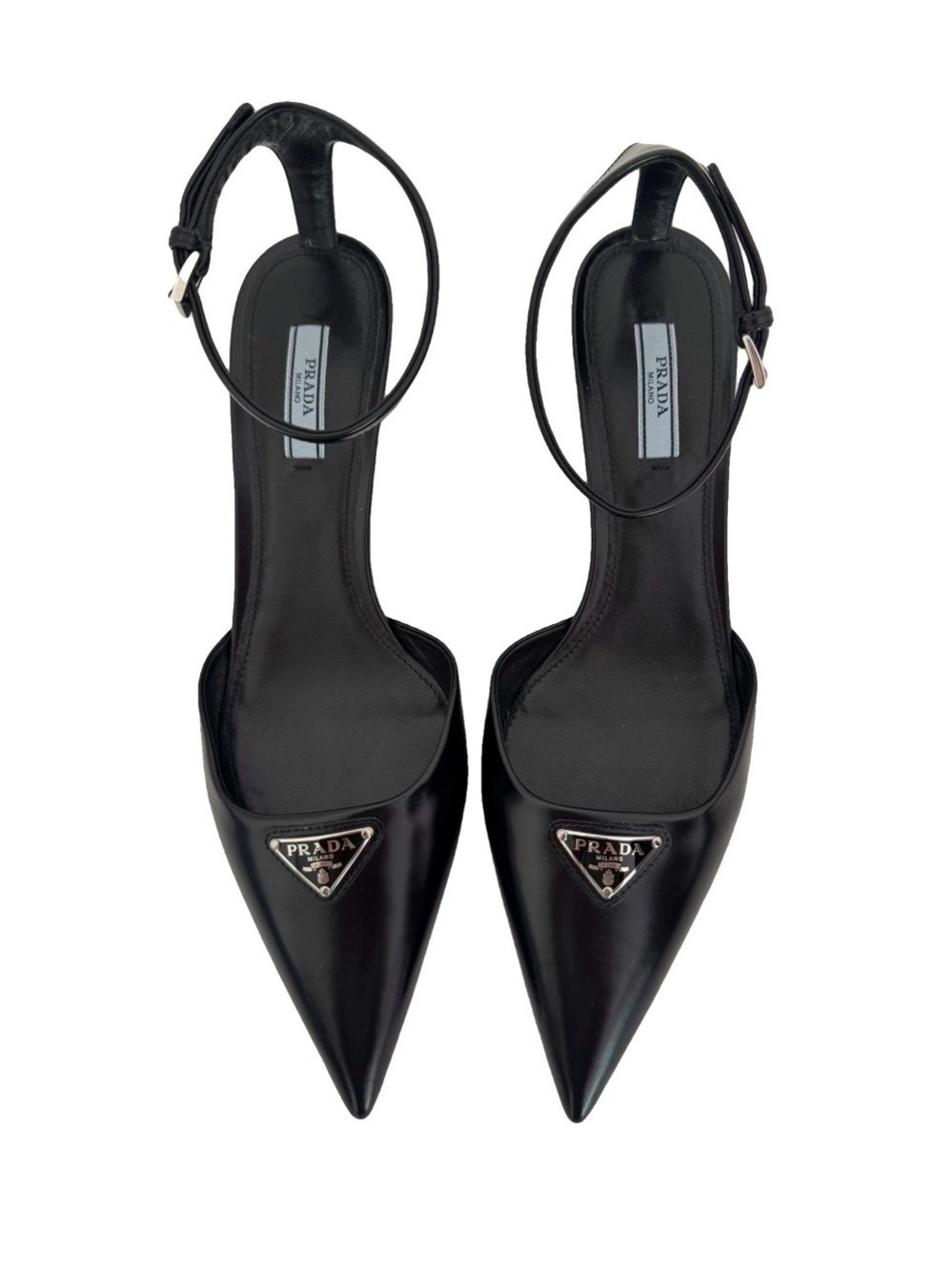 Prada EU 39.5 Logo Black Leather Pointed Toe Ankle Strap Heels Pumps Authentic